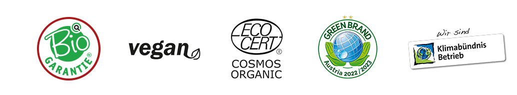 Logos - Austria BIO, Vegan, Ecocert, tierversuchsfreie Kosmetik, klimabuendnis Betrieb