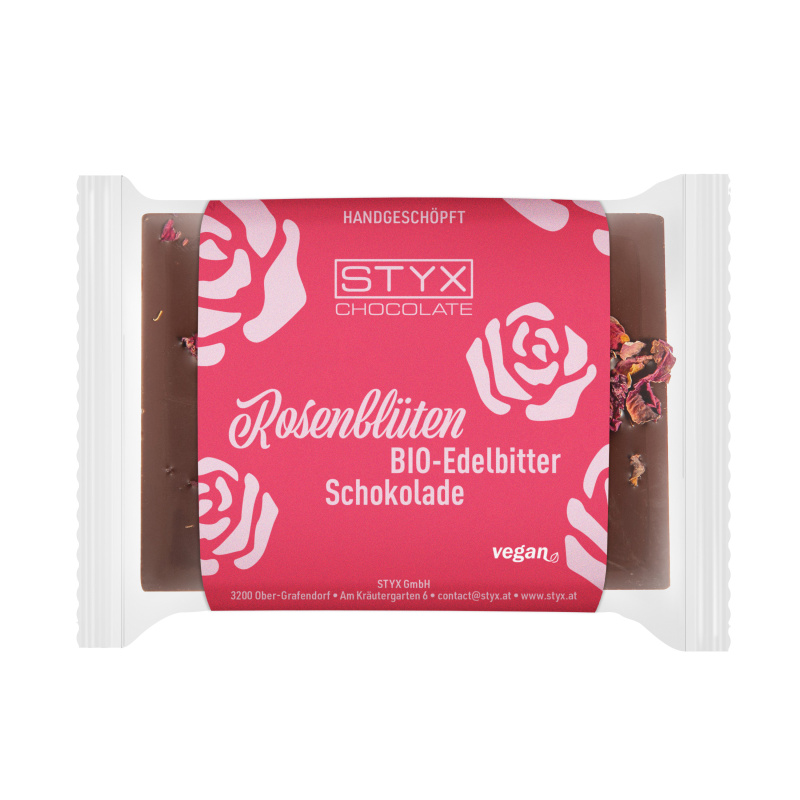 BIO-Edelbitterschokolade mit Rosenblüten
